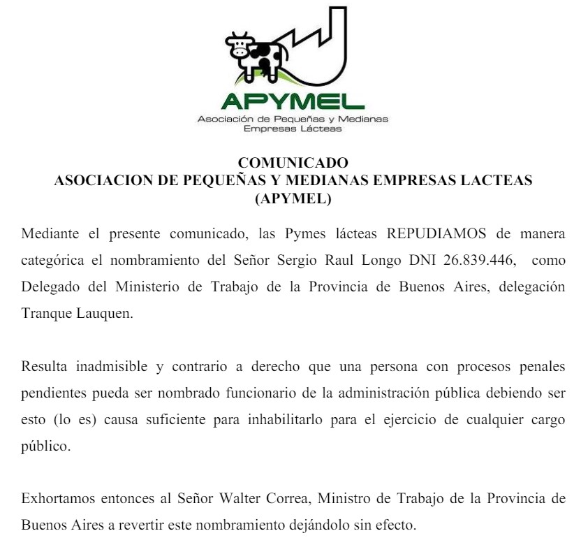 Apymel rechazó la designación de un sindicalista en el Ministerio de Trabajo de Trenque Lauquen